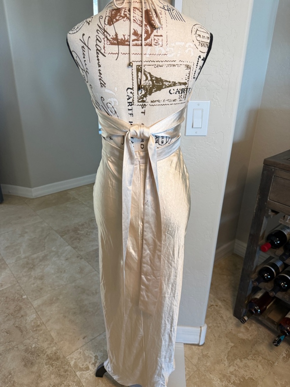 Plunging Satin Halter V-Neck with thigh high Slit Evening Gown in Champagne NWT - Picture 4 of 9